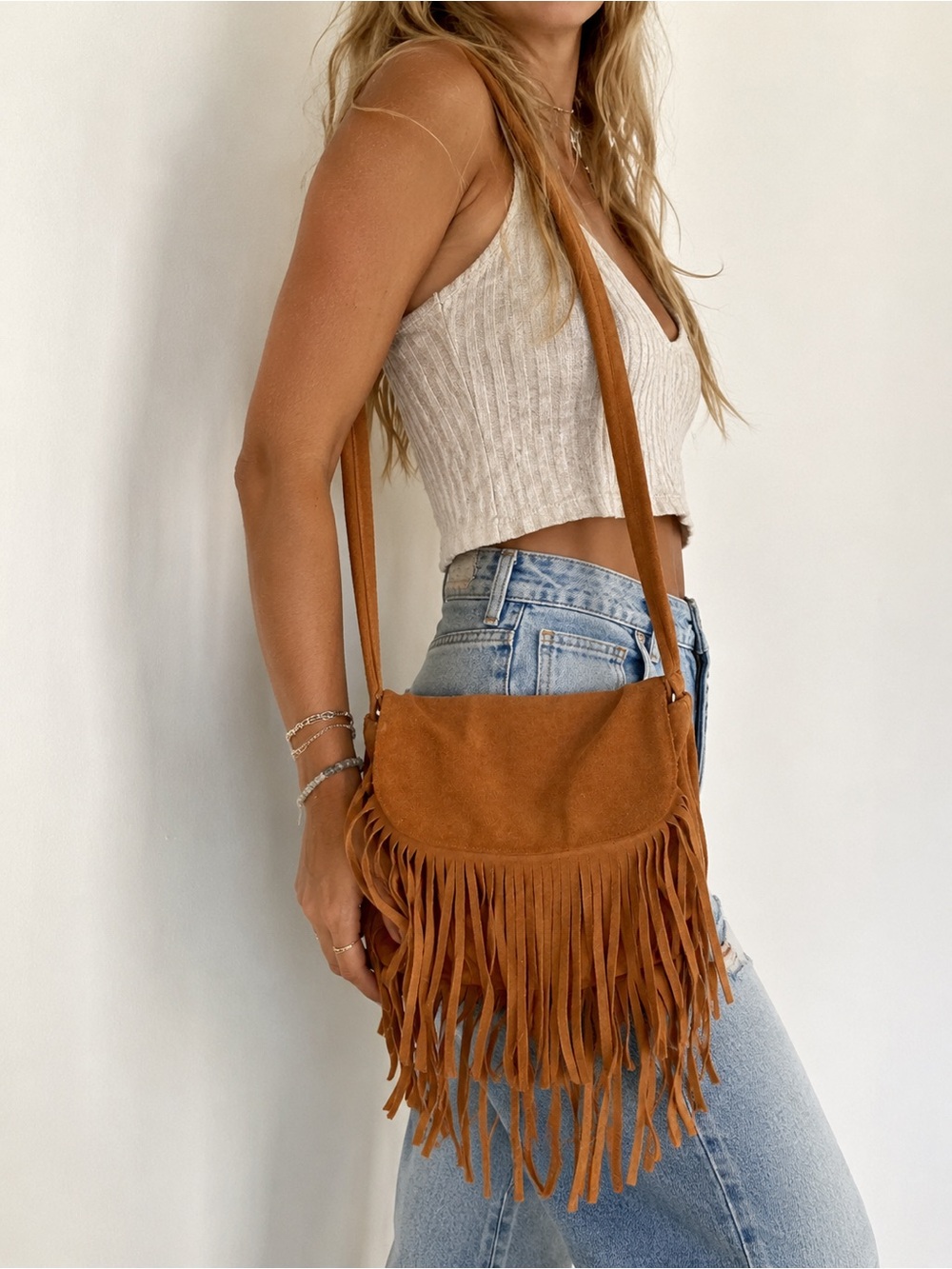 Vintage Berlin Glove USA Cognac Suede Fringe Shoulder Bag Boho Western